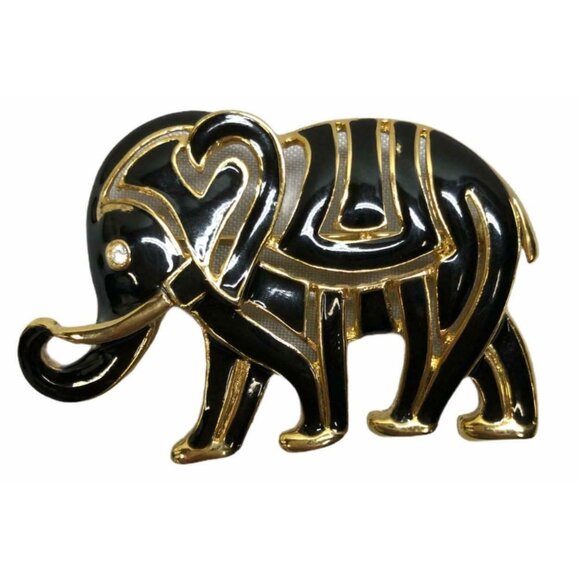 Elephant Brooch Pin Black Enamel Gold Color Figural Alloy Tribal Costume Jewelry - Picture 3 of 8